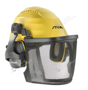 Casque forestier STIGA avec visière et protecteurs auditifs.