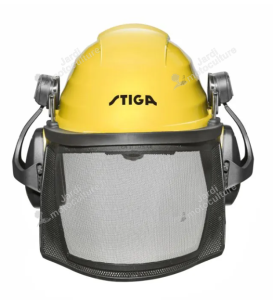 Casque forestier STIGA avec visière et protecteurs auditifs.