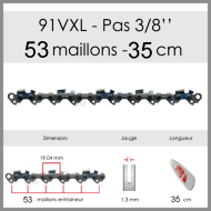 Chaîne de tronçonneuse 91VXL053E OREGON  3-8 1.3mm 53 entraîneurs Compatible ECHO WOLF TIGA HUSQVARNA ALPINA