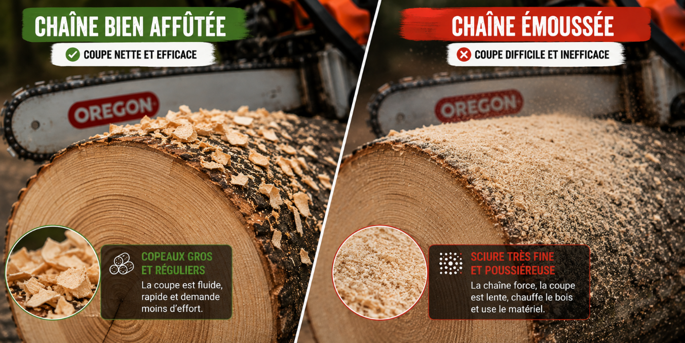 Cha&icirc;ne bien aff&ucirc;t&eacute;e VS cha&icirc;ne &eacute;mouss&eacute;e 