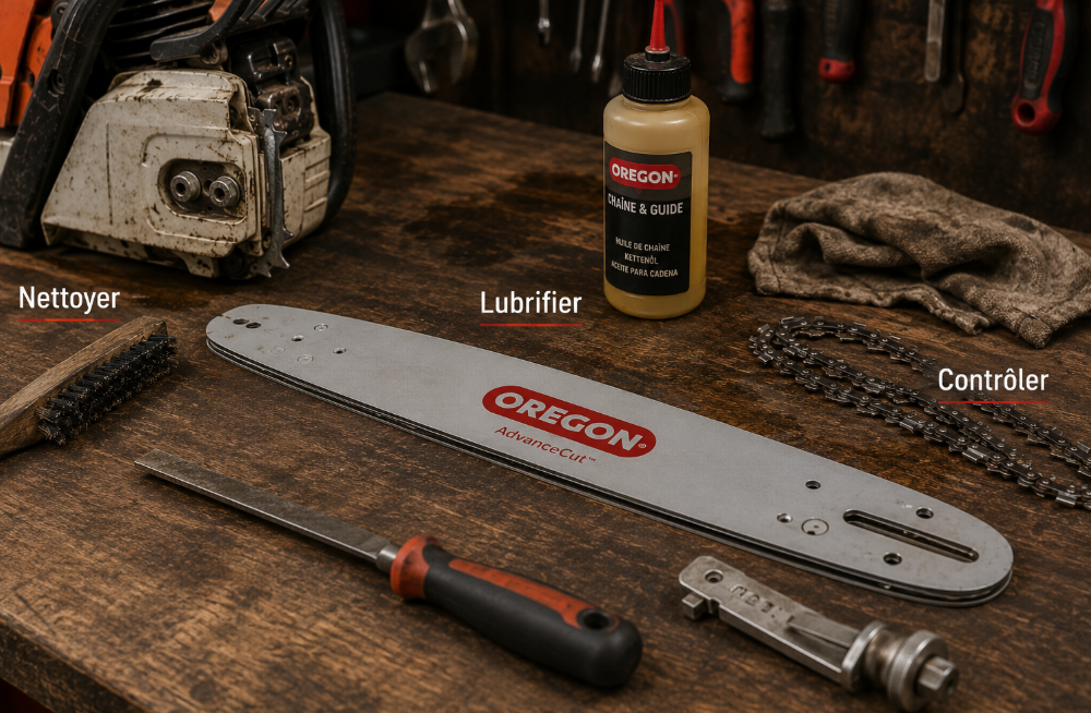 Entretien de chaîne de tronçonneuse en atelier