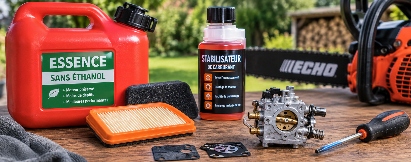 Bidon d'essence propre + filtre à air + stabilisateur + carburateur propre sur un établi.