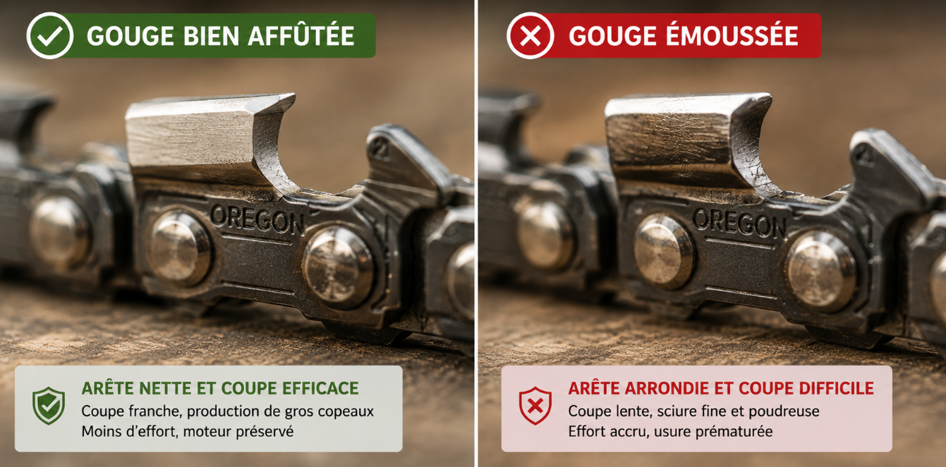 Gouge bien aff&ucirc;t&eacute;e, gouge &eacute;mouss&eacute;e