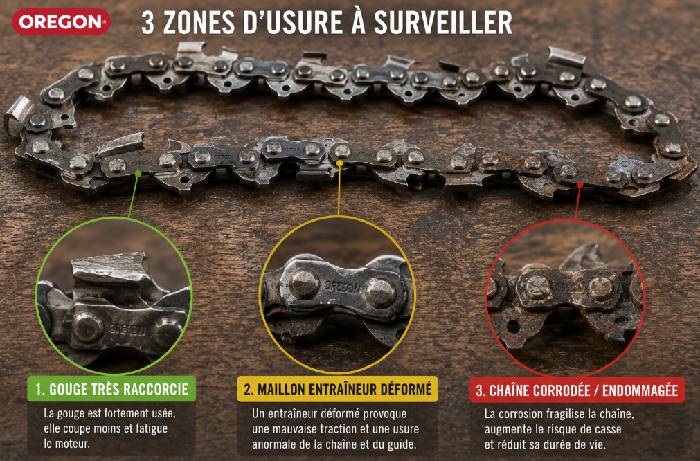 Zones d&rsquo;usure de cha&icirc;ne &agrave; surveiller
