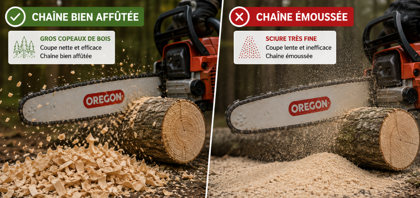 Cha&icirc;ne bien affut&eacute;e, cha&icirc;ne emouss&eacute;e