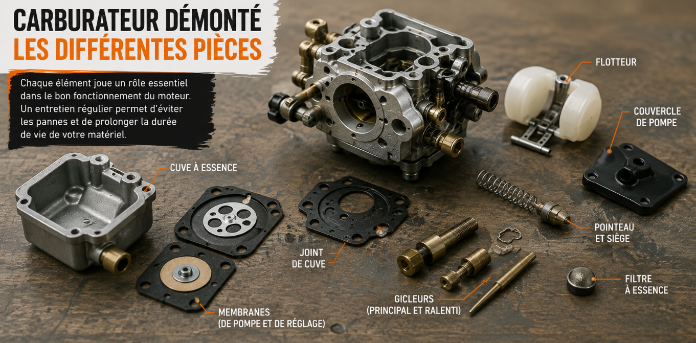 Carburateur d&eacute;mont&eacute; les diff&eacute;rentes pi&egrave;ces. 
