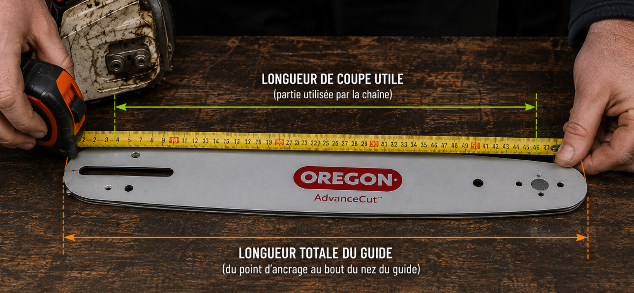 Mesurer la longueur d’un guide de tronçonneuse